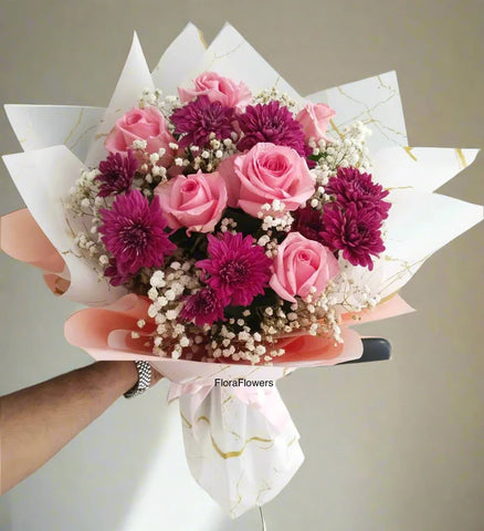 Blooming Pink Rose & Magenta Bouquet