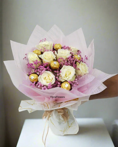 Blooming White Rose & Chocolate Truffle Bouquet