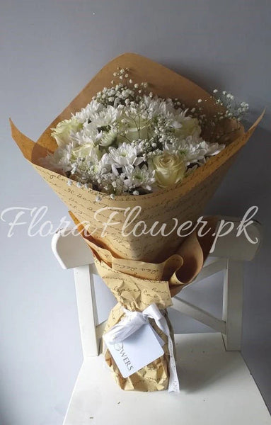 Pure Elegance Vintage Script White Rose Bouquet