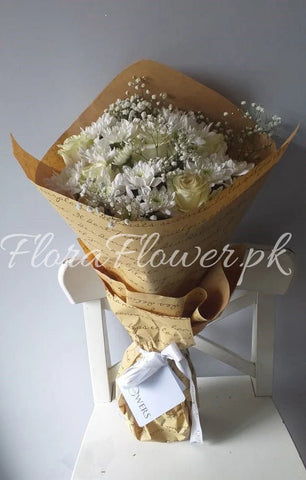 Pure Elegance Vintage Script White Rose Bouquet