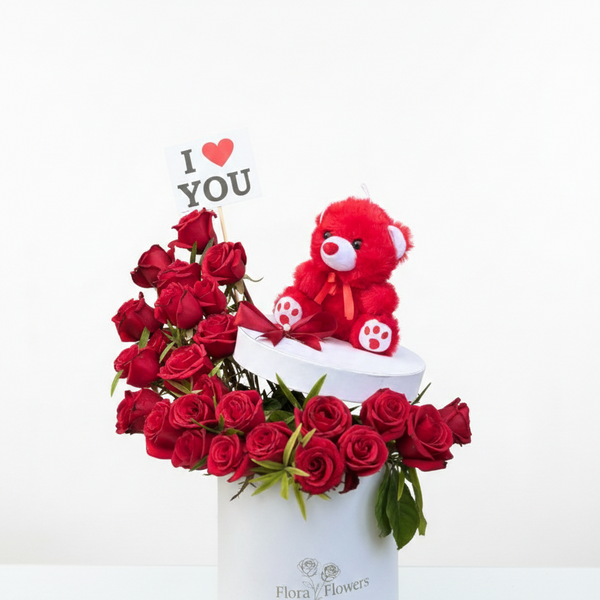 Scarlet Promise Cascading Rose Box & Red Teddy Gift Set