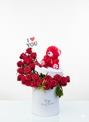 Scarlet Promise Cascading Rose Box & Red Teddy Gift Set