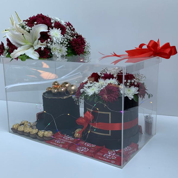 Acrylic Forever Yours – roses, cake and chocolates by Ivory Floral, same-day delivery in Lahore and Islamabad