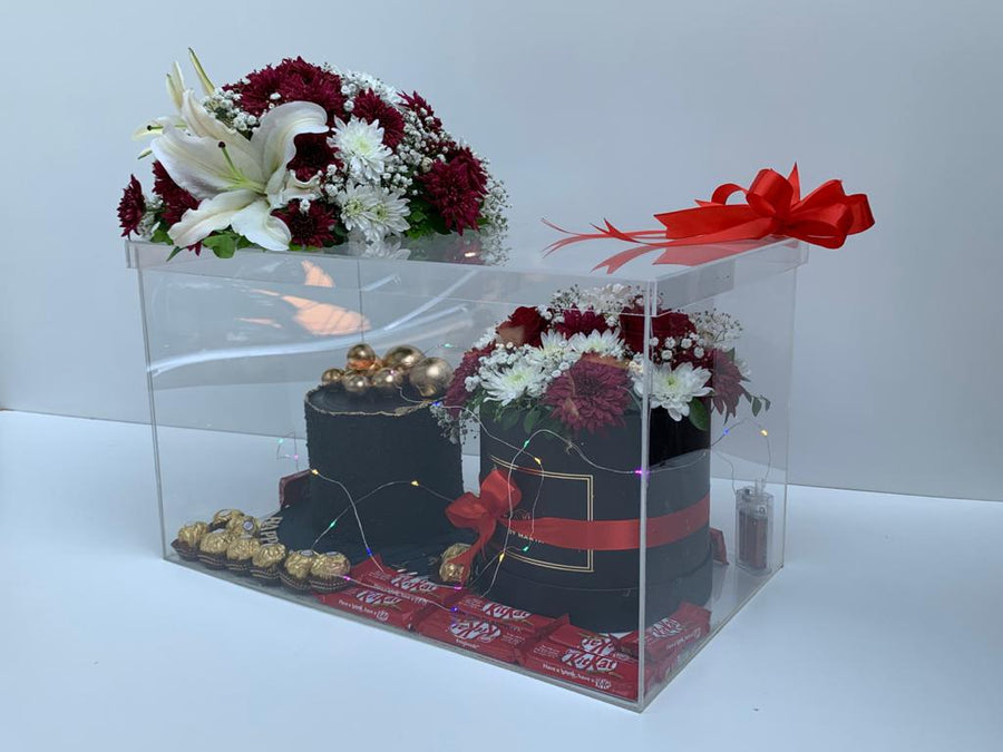 Acrylic Forever Yours – roses, cake and chocolates by Ivory Floral, same-day delivery in Lahore and Islamabad