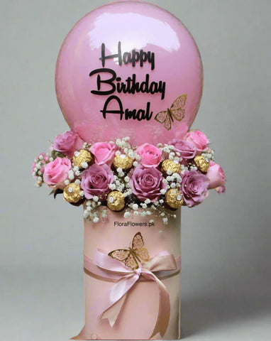Enchanted Birthday Rose, Chocolate & Personalized Balloon Tower