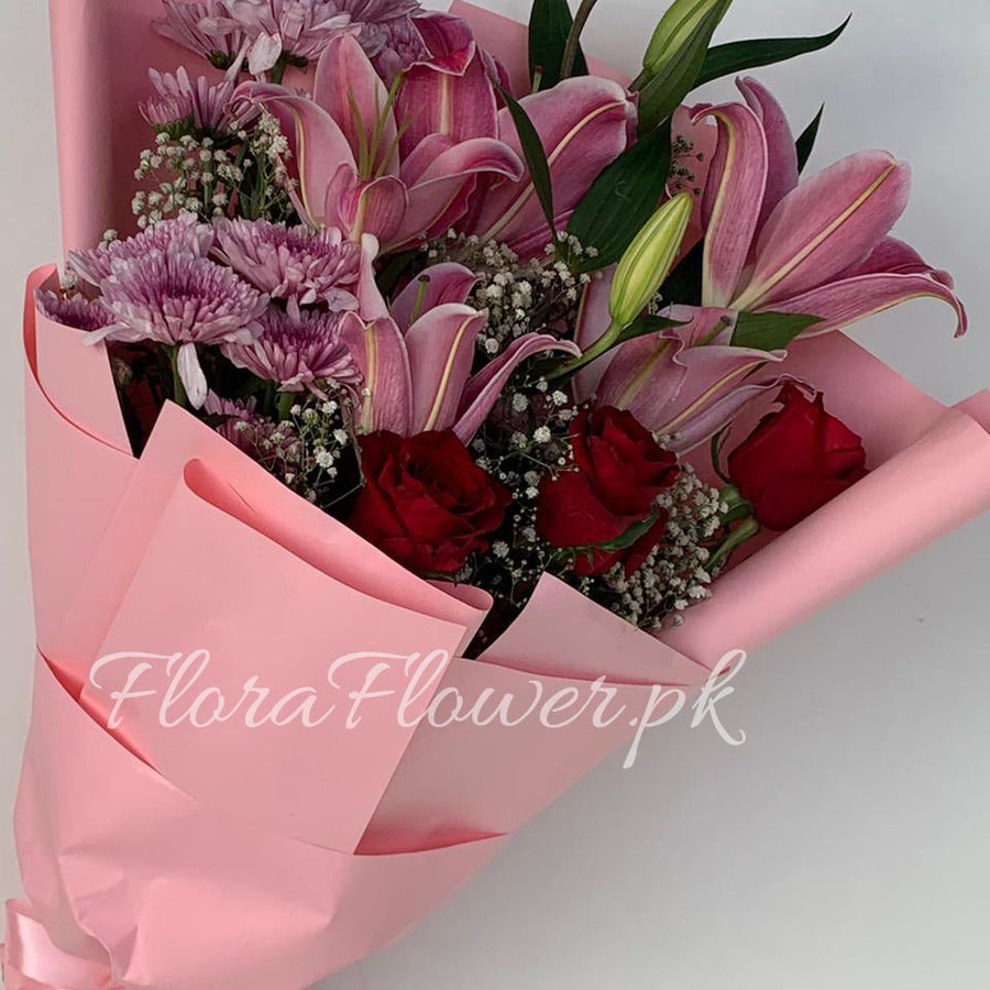 Joyful Garden – roses, lilies and chrysanthemums by Ivory Floral, same-day delivery in Lahore and Islamabad