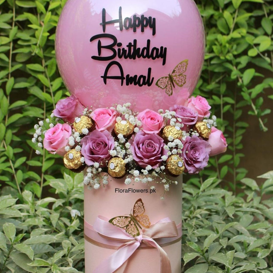 Timeless Love – roses, Ferrero Rocher and custom balloon by Ivory Floral, same-day delivery in Lahore and Islamabad