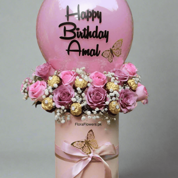 Timeless Love – roses, Ferrero Rocher and custom balloon by Ivory Floral, same-day delivery in Lahore and Islamabad
