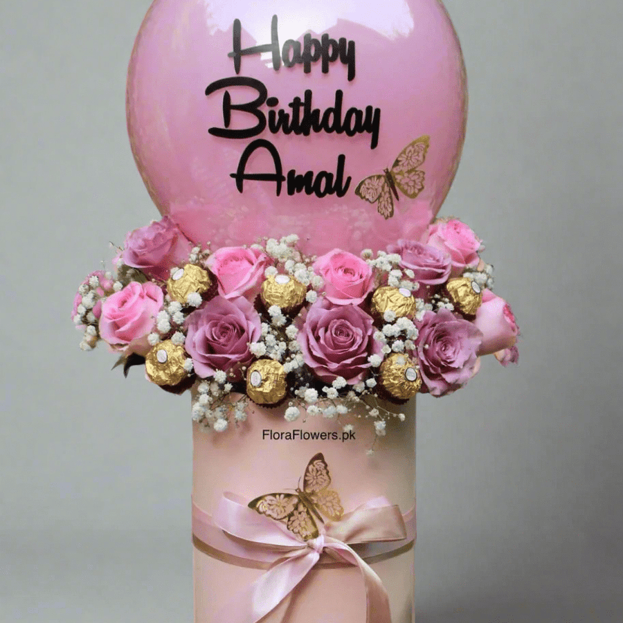Timeless Love – roses, Ferrero Rocher and custom balloon by Ivory Floral, same-day delivery in Lahore and Islamabad