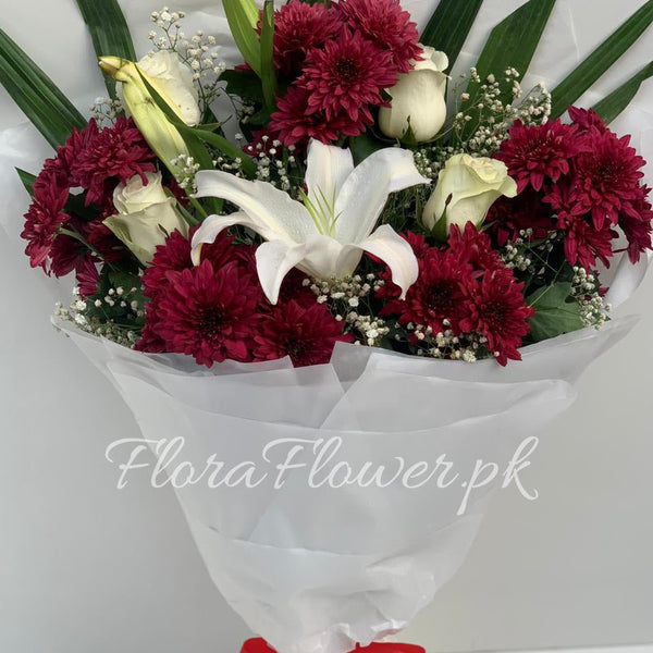 Whispers of Love – roses, lily and chrysanthemums by Ivory Floral, same-day delivery in Lahore and Islamabad
