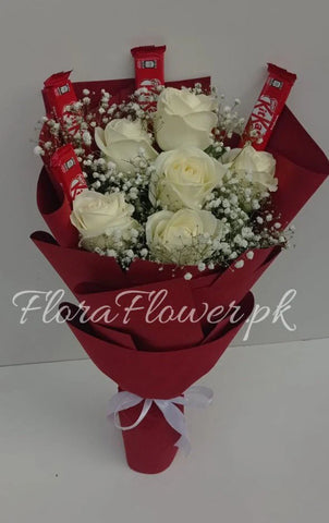 Pure Elegance White Rose & KitKat Chocolate Bouquet